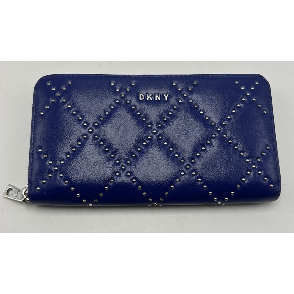 DKNY Large Zip Around Wallet Card Holder Leather Royal Blue Studded